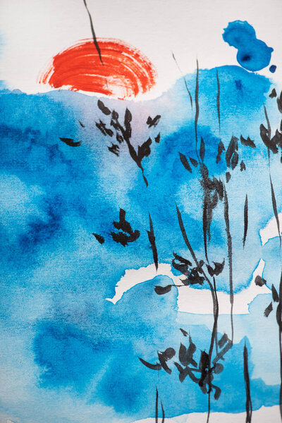 Japanese painting with blue sky, branches and sun on white background