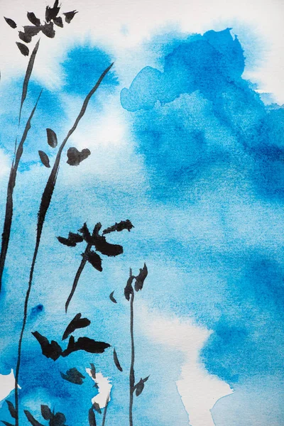 Peinture Japonaise Avec Ciel Bleu Branches Sur Blanc — Photo