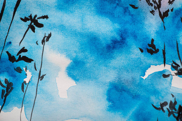 Japanese painting with blue sky and branches on white background