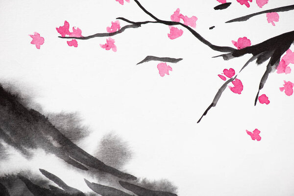 Japanese painting with grey hill and Sakura branches on white background