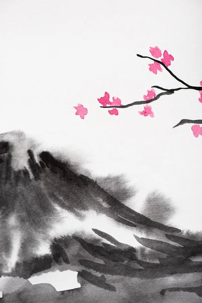 Japanese painting with grey hill and Sakura branches on white