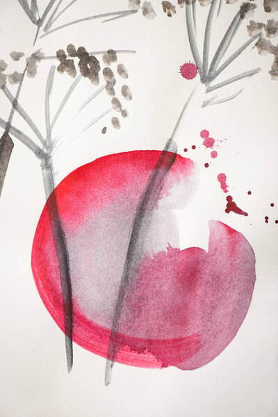 Japanese painting with flowers and pink circle on white 