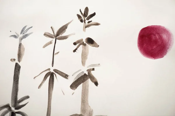 Japanese painting with bamboo and pink sun on white background