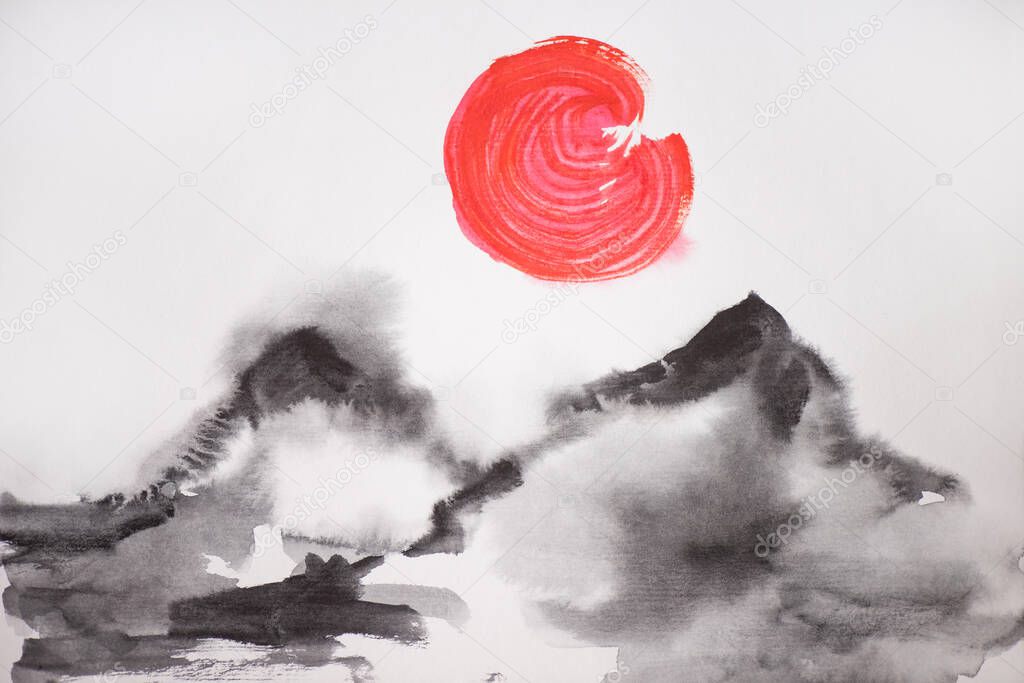 Japanese painting with sun and hills on white background