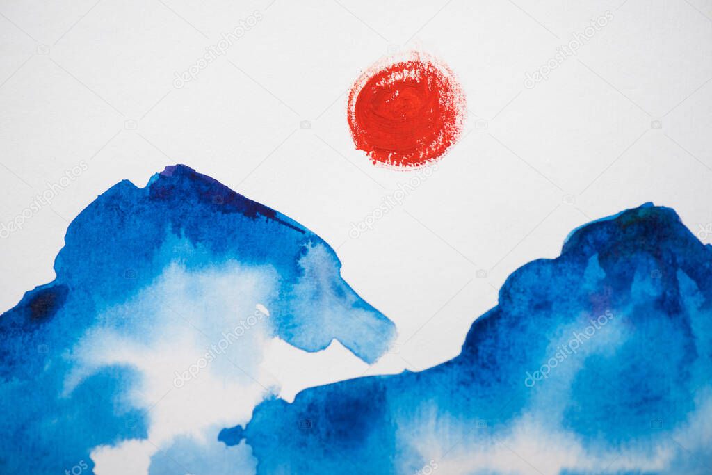 Japanese painting with clouds and sun on white