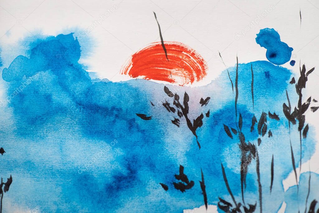 Japanese painting with blue sky, branches and sun on white