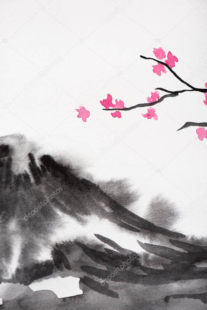 Japanese painting with grey hill and Sakura branches on white 