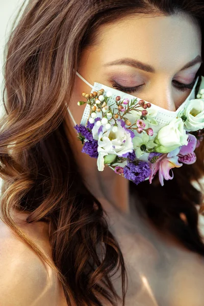 Young Attractive Woman Floral Face Mask Looking — Stock Photo, Image