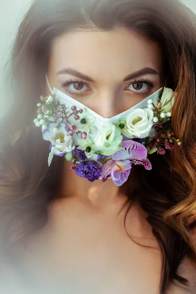 Selective Focus Attractive Woman Floral Face Mask Looking Camera — Stock Photo, Image