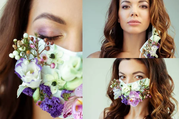 Collage Mujer Joven Mascarilla Con Flores Aisladas Gris —  Fotos de Stock