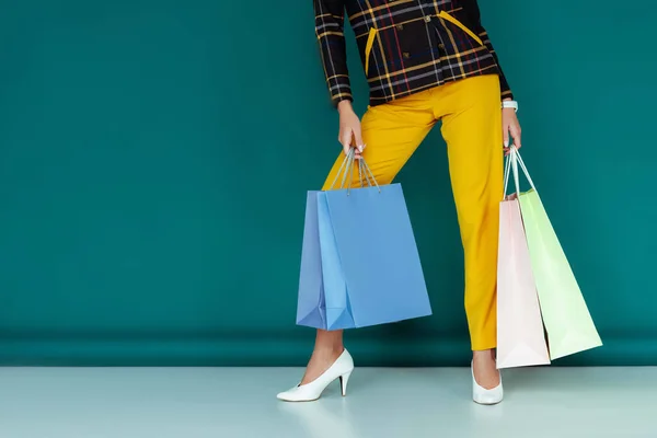 Cropped View Stylish Woman Plaid Blazer Standing Shopping Bags Blue — Stock Photo, Image