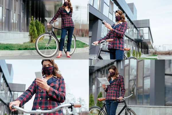 collage of businesswoman in plaid mask using smartphone and reading newspaper near bicycle outside