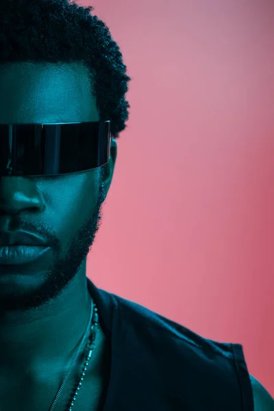 Fashionable African American Man Futuristic Sunglasses Posing Pink Blue Light — Stock Photo, Image