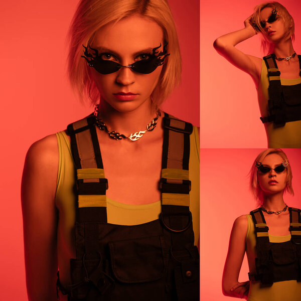 collage with fashionable attractive girl posing in fire-shaped sunglasses on red