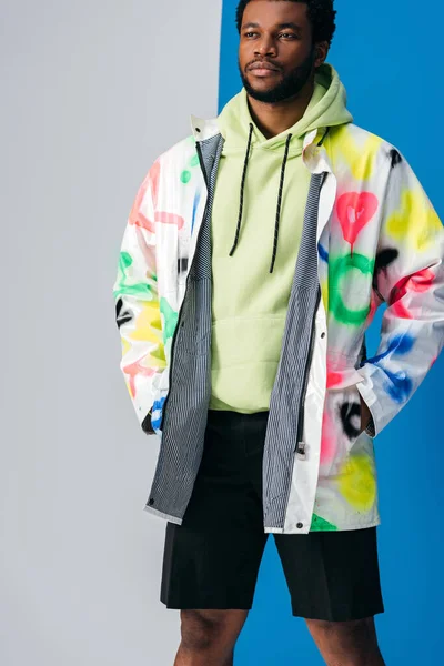 Handsome Young African American Man Posing Colorful Futuristic Clothes Grey — Stock Photo, Image