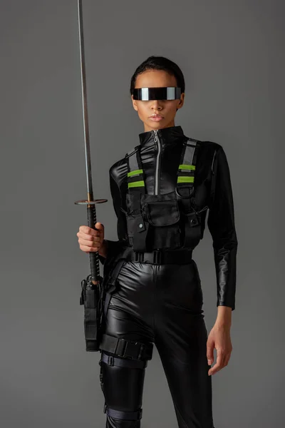 Attractive Futuristic African American Woman Glasses Sword Isolated Grey — Stock Photo, Image