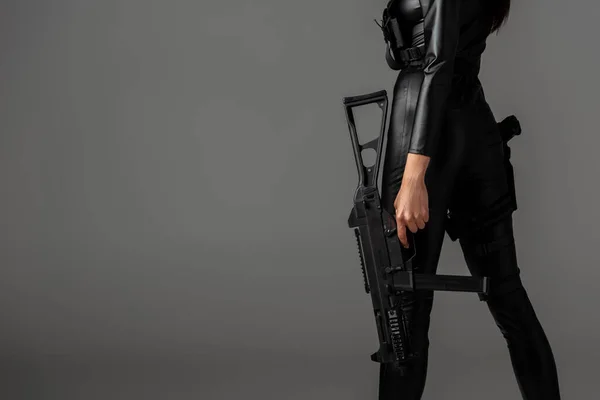 Cropped View Futuristic African American Woman Posing Assault Rifle Grey — Stock Photo, Image