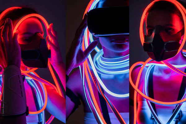 collage of futuristic african american woman in respirator, vr headset and neon lighting
