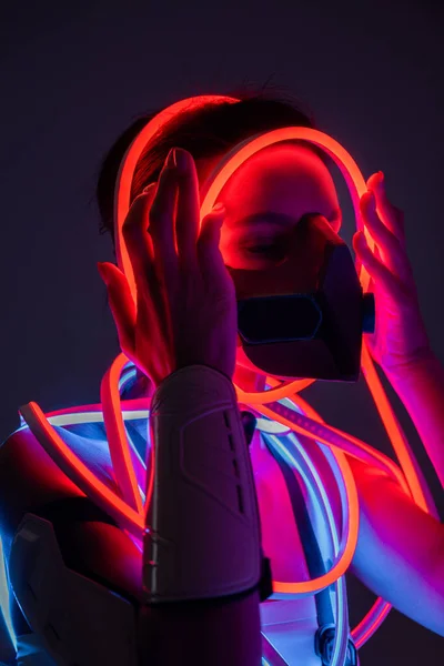 Futuristic African American Woman Respirator Neon Lighting — Stok Foto