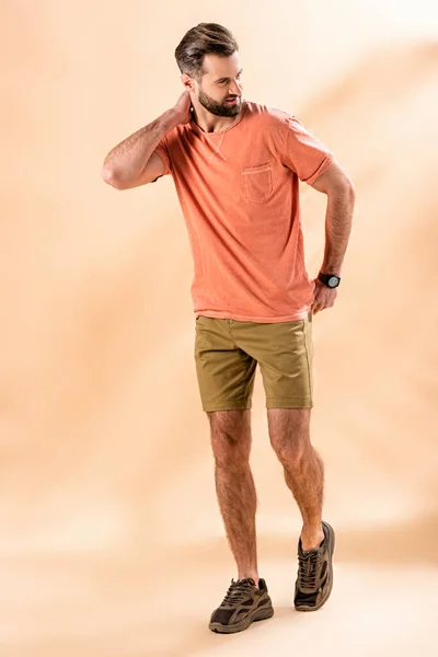Stylish Handsome Man Posing Shorts Summer Shirt Beige — Stock Photo, Image