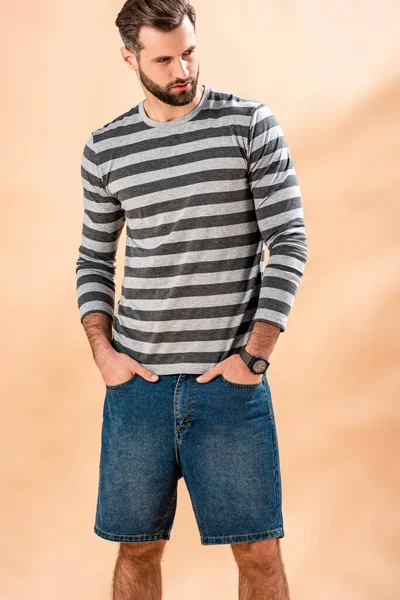 Handsome Bearded Man Posing Striped Sweatshirt Beige — Stock Photo, Image