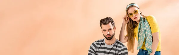 Panoramic Shot Beautiful Stylish Couple Posing Summer Clothes Beige — Stock Photo, Image