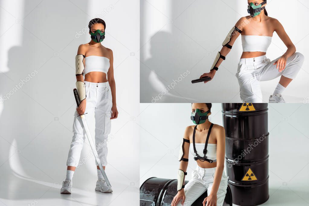 collage of futuristic african american woman in safety mask with weapon near radioactive waste barrels on white background
