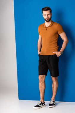 Şort giymiş şık sakallı genç adam ve gri ve mavi üzerine kahverengi polo. 