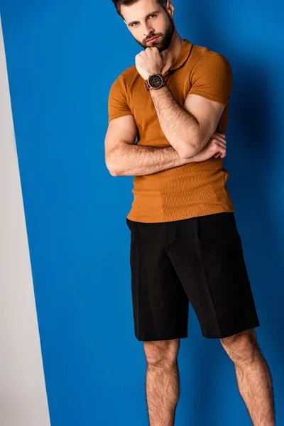 Stylish Pensive Young Man Posing Shorts Brown Polo Grey Blue — Stock Photo, Image