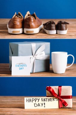 Erkek ve çocuk ayakkabıları kolajı, hediye kutuları, beyaz bardak ve mutlu babalar günü yazılı tebrik kartları mavi ve ahşap arka planda