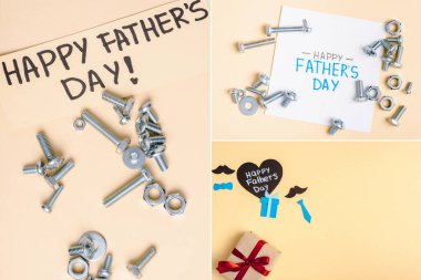 Split image with metal nuts and bolts and greeting cards with lettering happy fathers day on beige background  clipart