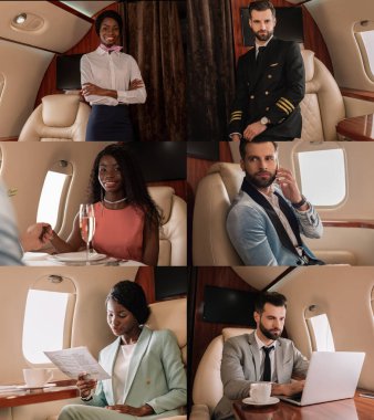 Çok kültürlü pilot ve hostes kolajı, zarif erkek ve kadın ve iş adamları özel jetlerinde dizüstü bilgisayar ve akıllı telefon kullanıyorlar.
