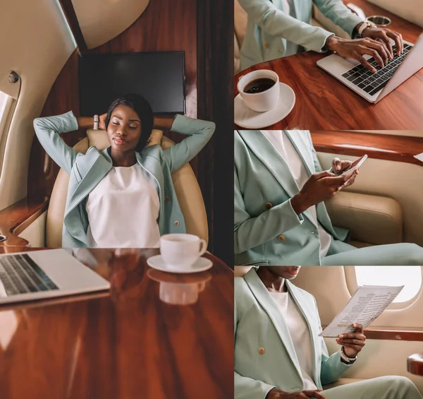 Colagem Empresária Afro Americana Digitando Laptop Conversando Smartphone Lendo Documento — Fotografia de Stock