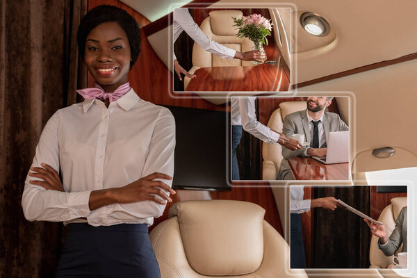 collage of smiling african stewardess smiling at camera, putting flowers on table, giving cup of coffee and newspaper to businessman