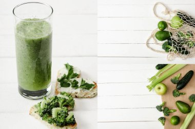 Yeşil smoothie ile kalp şeklinde kanepe kolajı, sicim torbası ve yeşil sebzeli çuval bezi ve beyaz ahşap yüzeyde meyveler.