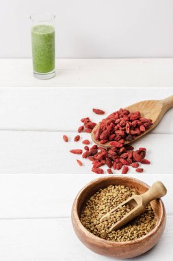 Tahta kâse içinde doğal çemen otu kolajı, beyaz yüzeyde spatula, yeşil meyve suyu ve goji üzümü.