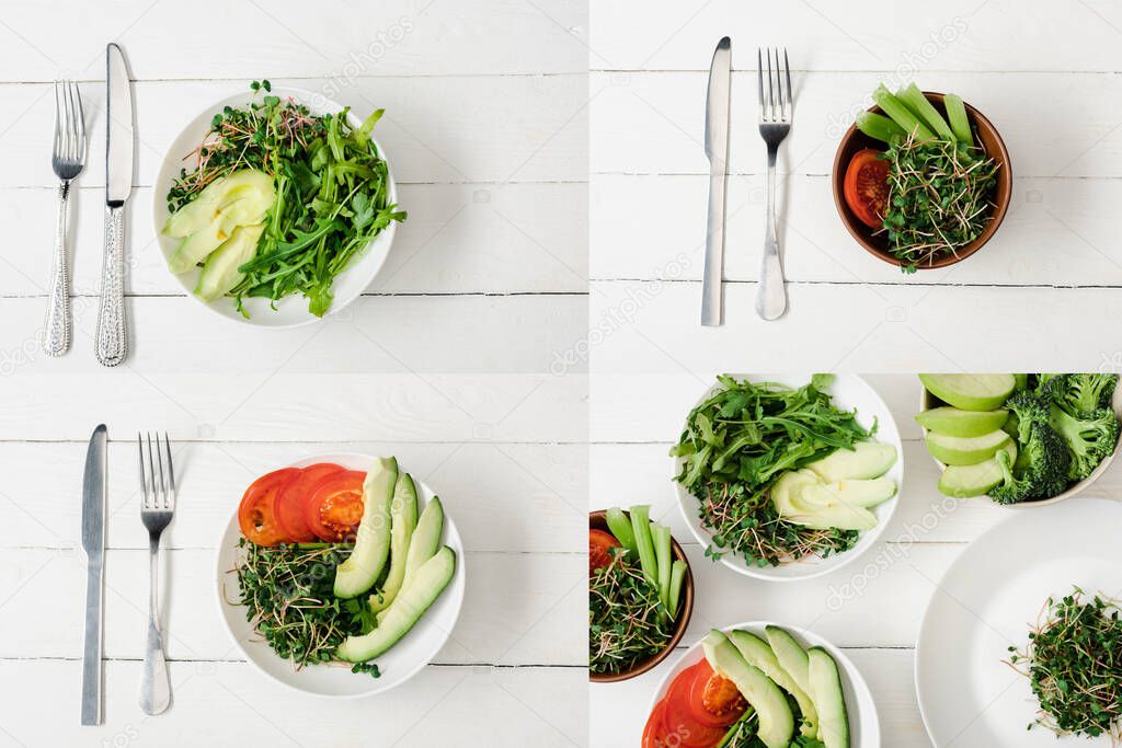 collage of bowls with fresh green vegetables and microgreen near cutlery on white wooden surface