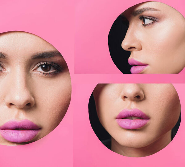 Collage of female face with smoky eyes and pink lips in round hole in paper 