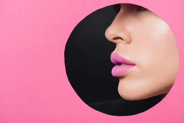 Cropped View Female Face Pink Lips Hole Paper Black Background — Stock Photo, Image