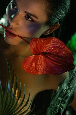 Ağzında kırmızı anthurium olan yeşil yapraklı, siyah yapraklı kadın seçici odağı.