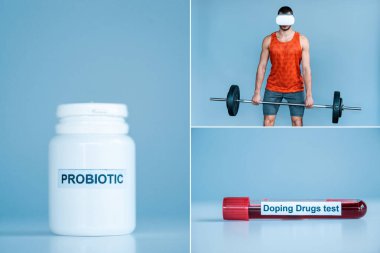 Sporcunun sanal gerçeklik kulaklığı kolajı halter ve şişe ile egzersiz, doping ilaç test tübü mavi üzerinde 
