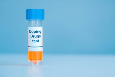 container with urine sample and doping drugs test lettering on blue  clipart