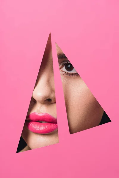 Female Face Pink Lips Triangular Holes Paper — Stock Photo, Image