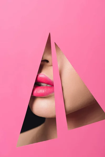 Cropped View Female Face Pink Lips Triangular Holes Paper Black — Stock Photo, Image