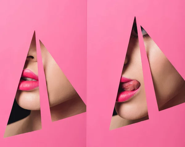 Collage Woman Pink Lips Sticking Out Tongue Triangular Holes Paper — Stock Photo, Image