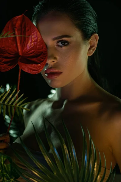 女の子見ますカメラとカバー顔とともに赤Anthurium近い葉絶縁上黒 — ストック写真