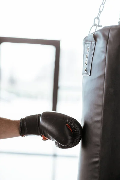 Cropped View Sportive Man Boxing Glove Training Punching Bag — Stock Photo, Image