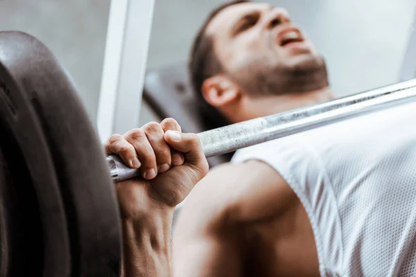 Selective Focus Emotional Man Exercising Barbell — Stock Photo, Image