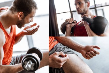 collage of man sportsman with opened mouth exercising with dumbbells, holding probiotic pills and making doping injection  clipart