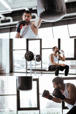 Kolaj, boks eldivenli, kum torbasıyla egzersiz yapan ve spor salonundaki halterin yanında protein milkshake içen bir adam. 